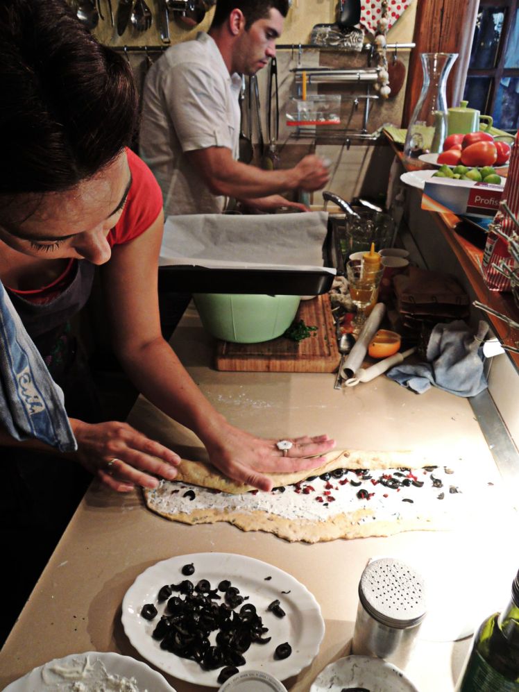 Tatjana teaching me how to make a delicious cheese and olive loaf