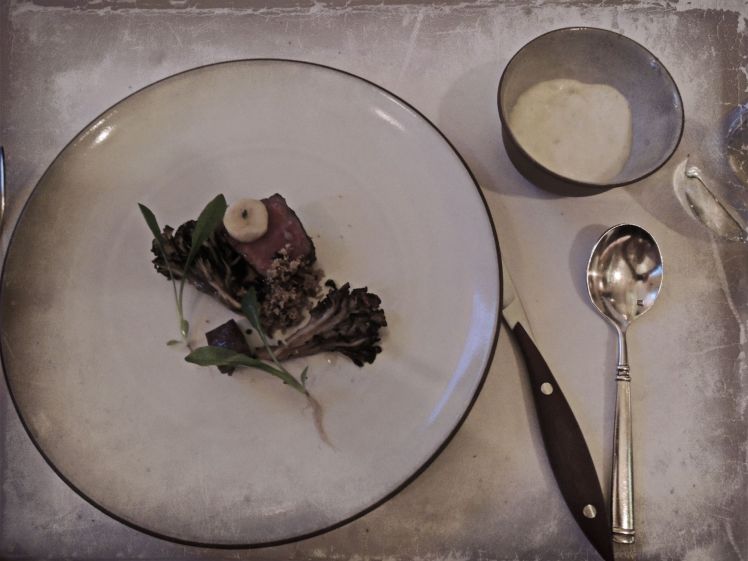 Beef Grilled with Mushrooms, Amaranth, & Bone Marrow