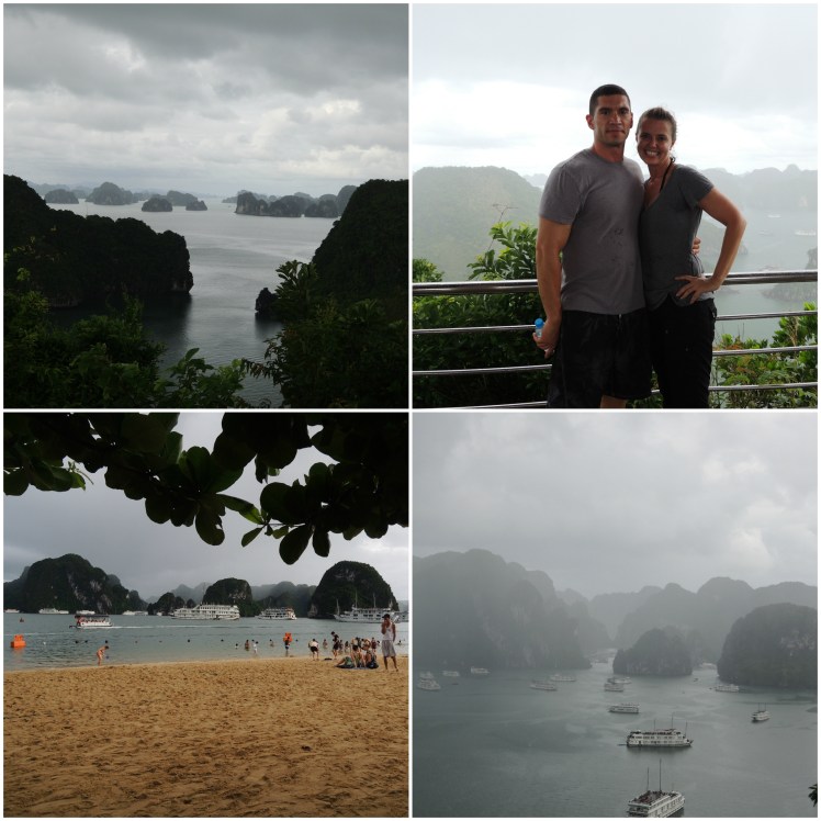 As part of the cruise, the ship stops at several places to give you an option of hiking, kayaking, swimming or visiting a cave.  Here we are at Dao Ti Top.  We were able to climb to the highest for a scenic overlook and then hang out on the beach to relax.  It rained when we were climbing but cleared up just as we were heading to the beach.